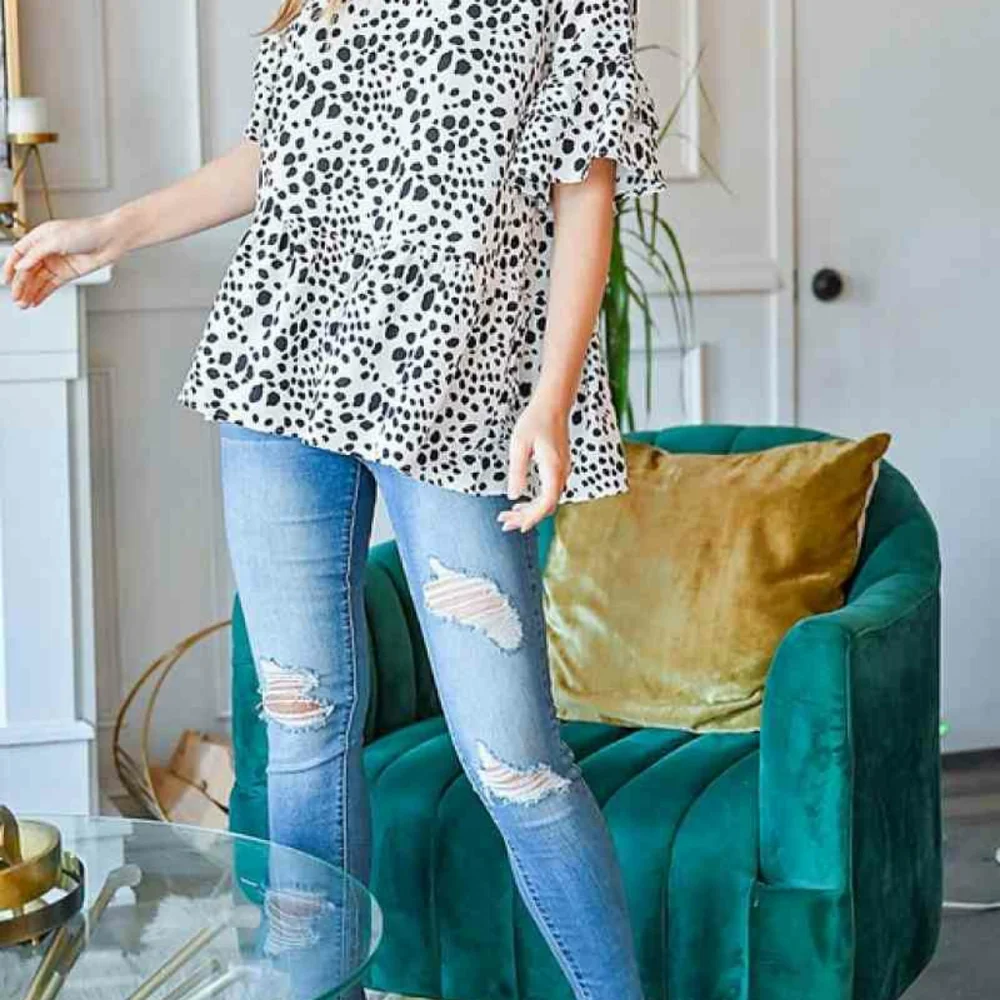 Animal Print Ruffled Front Keyhole Top - Picture 2 of 5